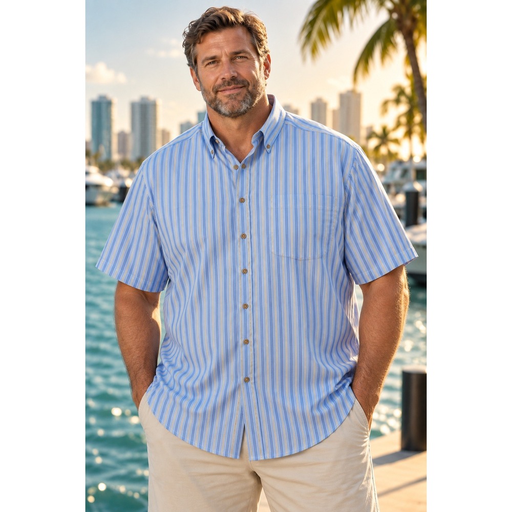 Harbor Bay Button Down Shirt Striped Short Sleeve Blue Men 2XLT Coastal Classic
